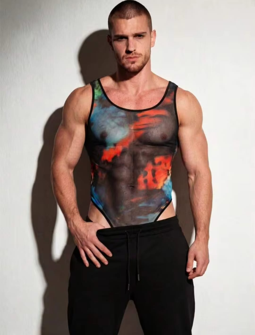 Men's Abstract Tie-Dye Sheer Mesh Sleeveless Tank Top Body Sculpting Bodysuit